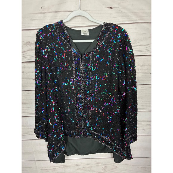 Jackets & Blazers - Vintage Silk Beaded Sequin Jacket Rainbow Multi Color Open Front Evening Top 1X